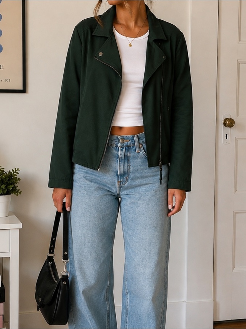 Joe Fresh Women’s 1X Dark Green Moto Jacket Asymmetrical Zip Utility 1X